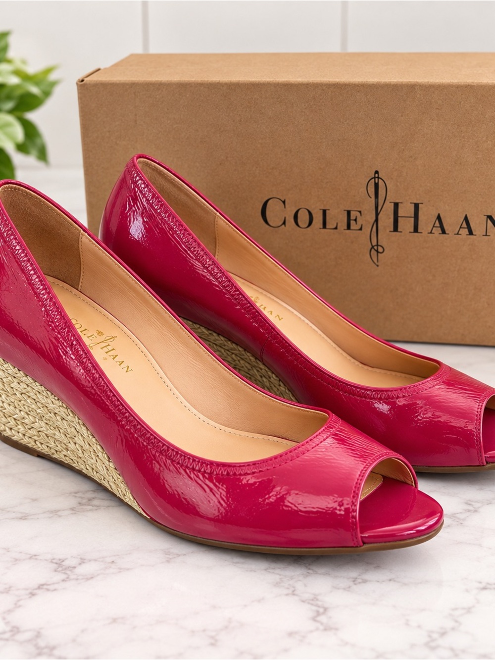 Cole Haan Fuchsia Patent Peep-Toe Wedge Pumps